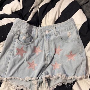 SHEIN Light Wash Denim Shorts with Pink Star Patches
